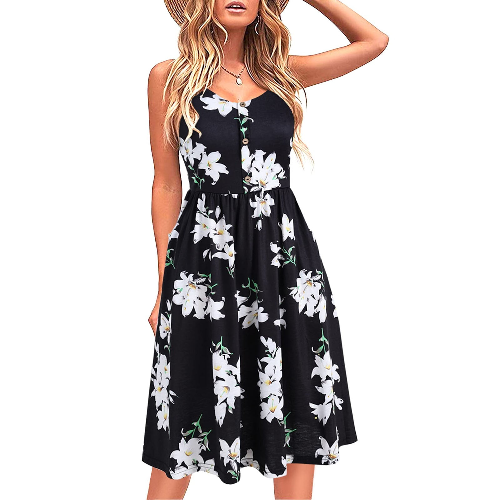 Flywake summer dress for women Women Fashion Button Summer Seaside Sling  Sleeveless V-Neck Solid Color Casual Dress spring\u0026nbsp;dresses for women  2420 | Walmart Canada